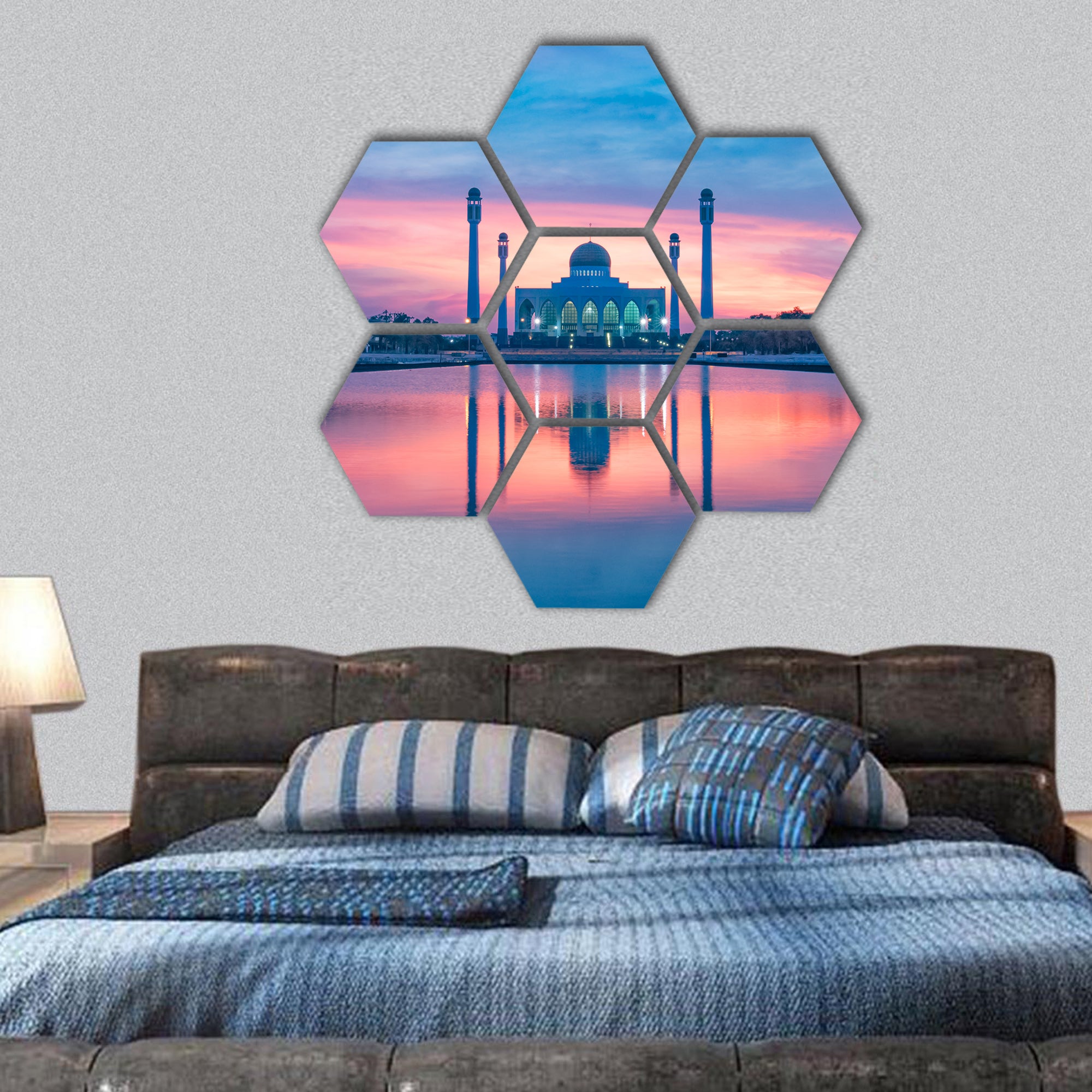 Mosque building shot during sunset hexagonal canvas wall art