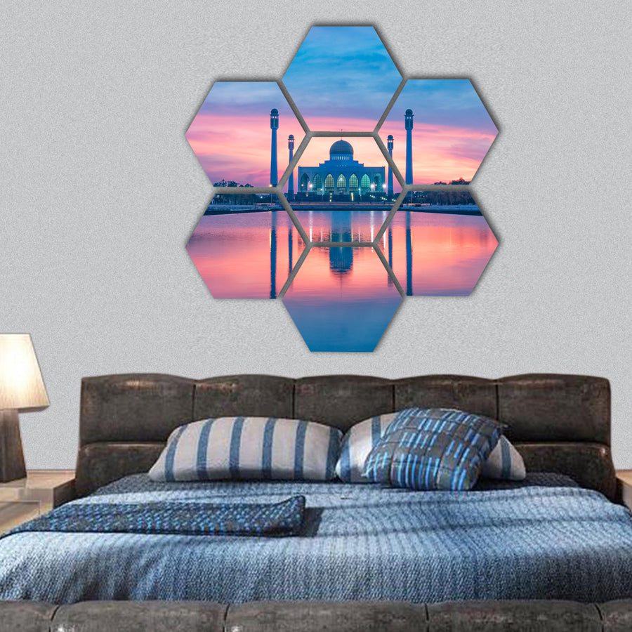 Mosque building shot during sunset hexagonal canvas wall art
