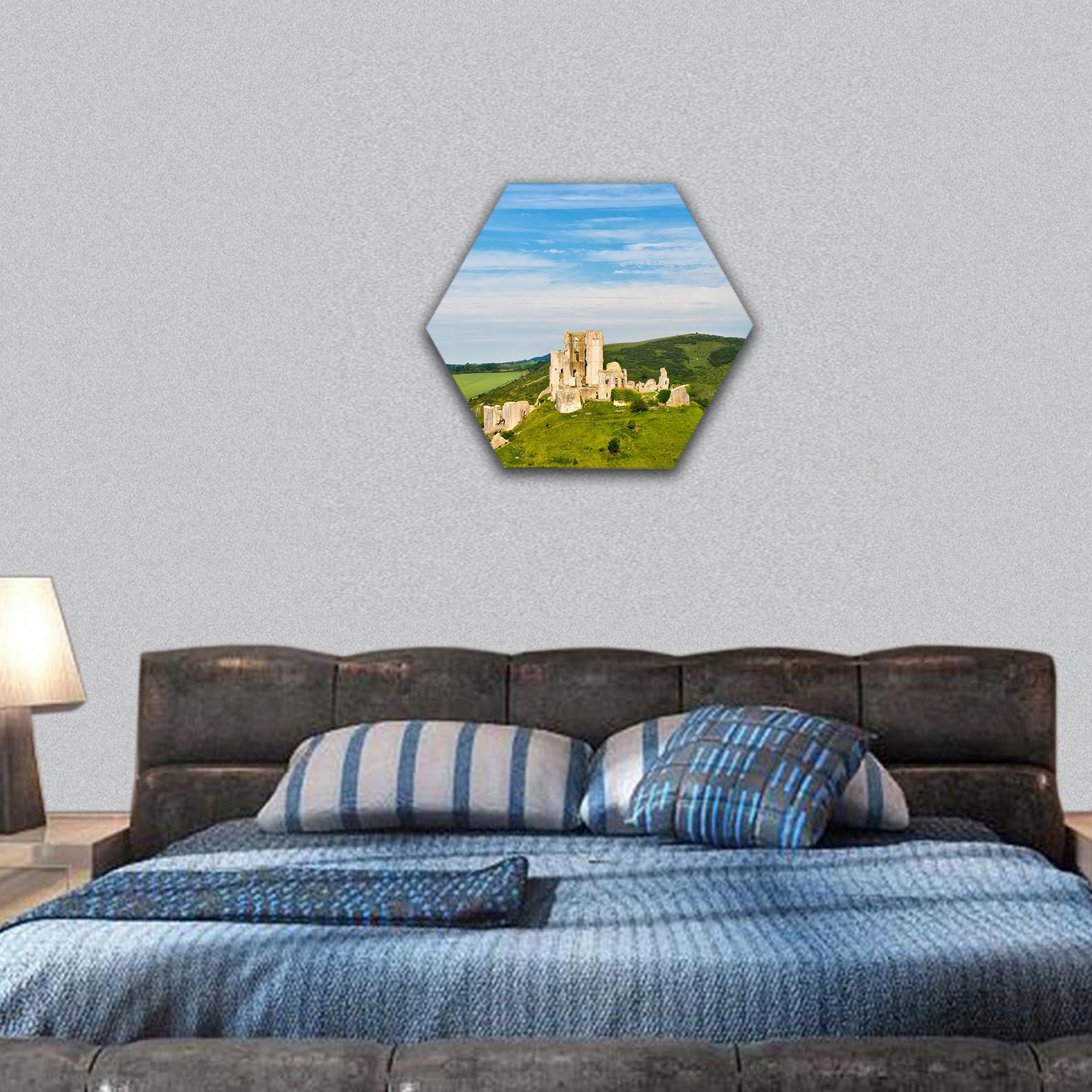 Ruins of Corfe Castle, Dorset, England hexagonal canvas wall art