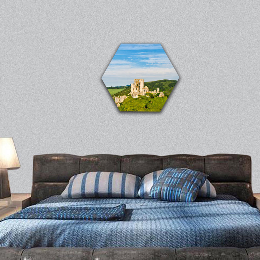 Ruins of Corfe Castle, Dorset, England hexagonal canvas wall art