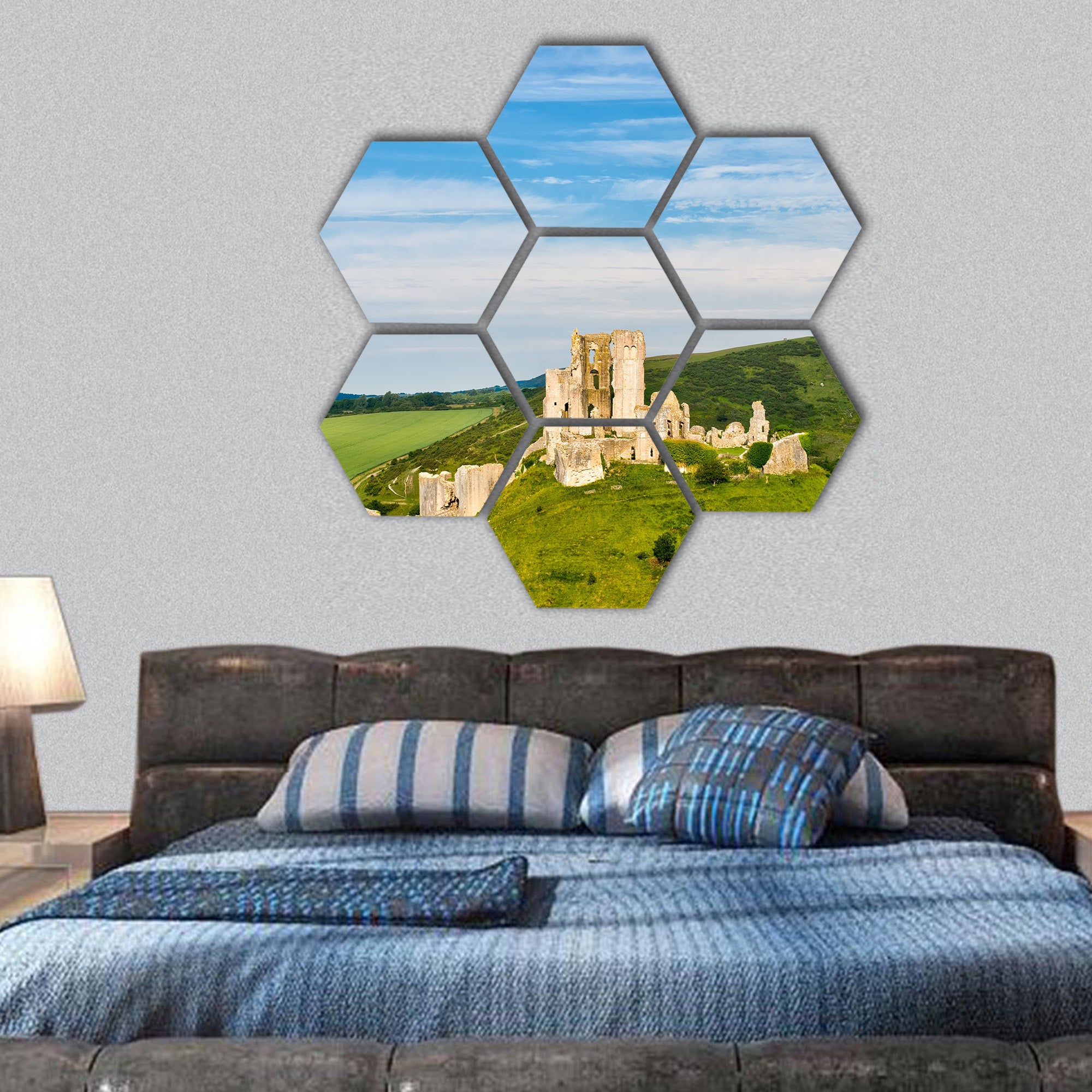 Ruins of Corfe Castle, Dorset, England hexagonal canvas wall art