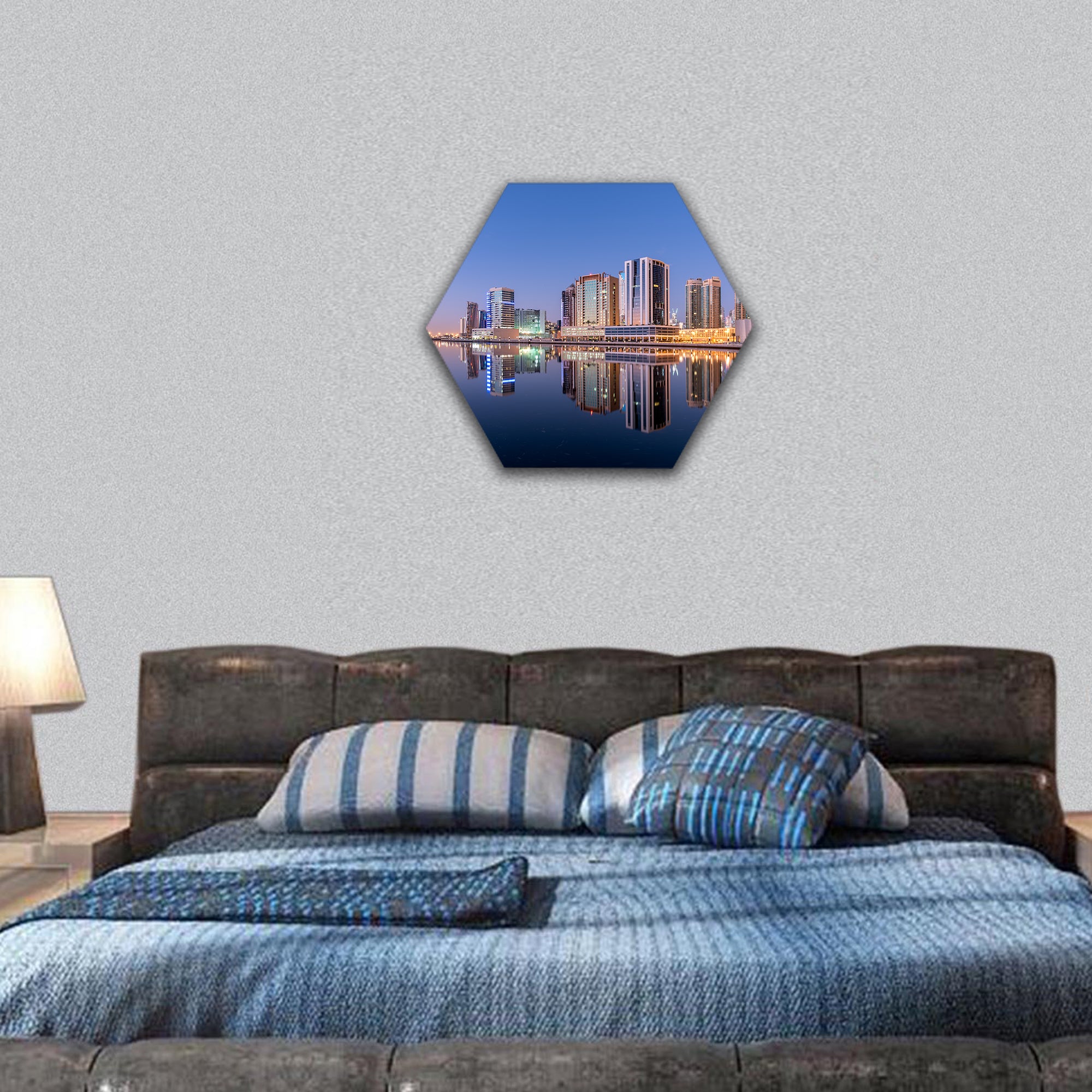 Dubai Skyline and city with Reflection in Dubai Canal hexagonal canvas wall art