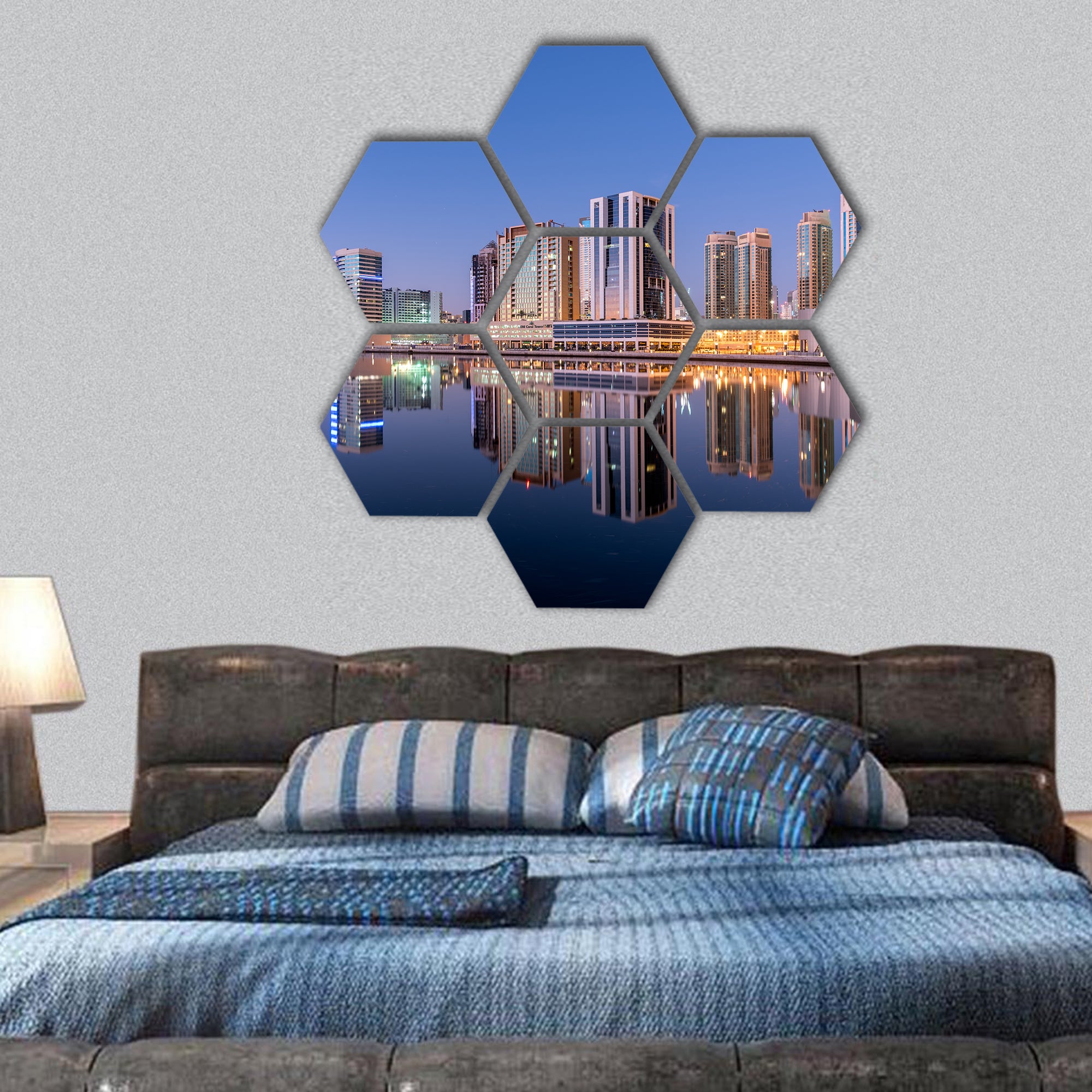 Dubai Skyline and city with Reflection in Dubai Canal hexagonal canvas wall art