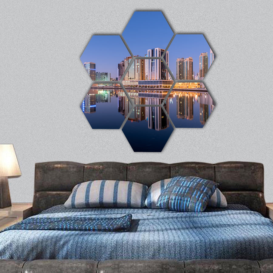 Dubai Skyline and city with Reflection in Dubai Canal hexagonal canvas wall art