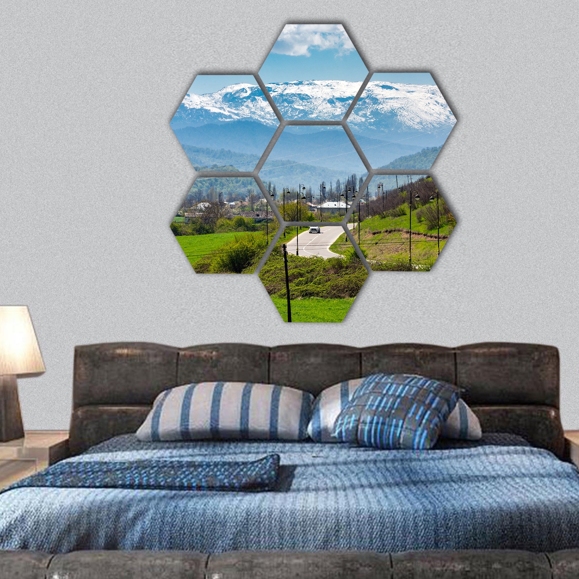 Road in a mountain village hexagonal canvas wall art