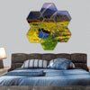 Landscape in mountains with Flowers and lake hexagonal canvas wall art