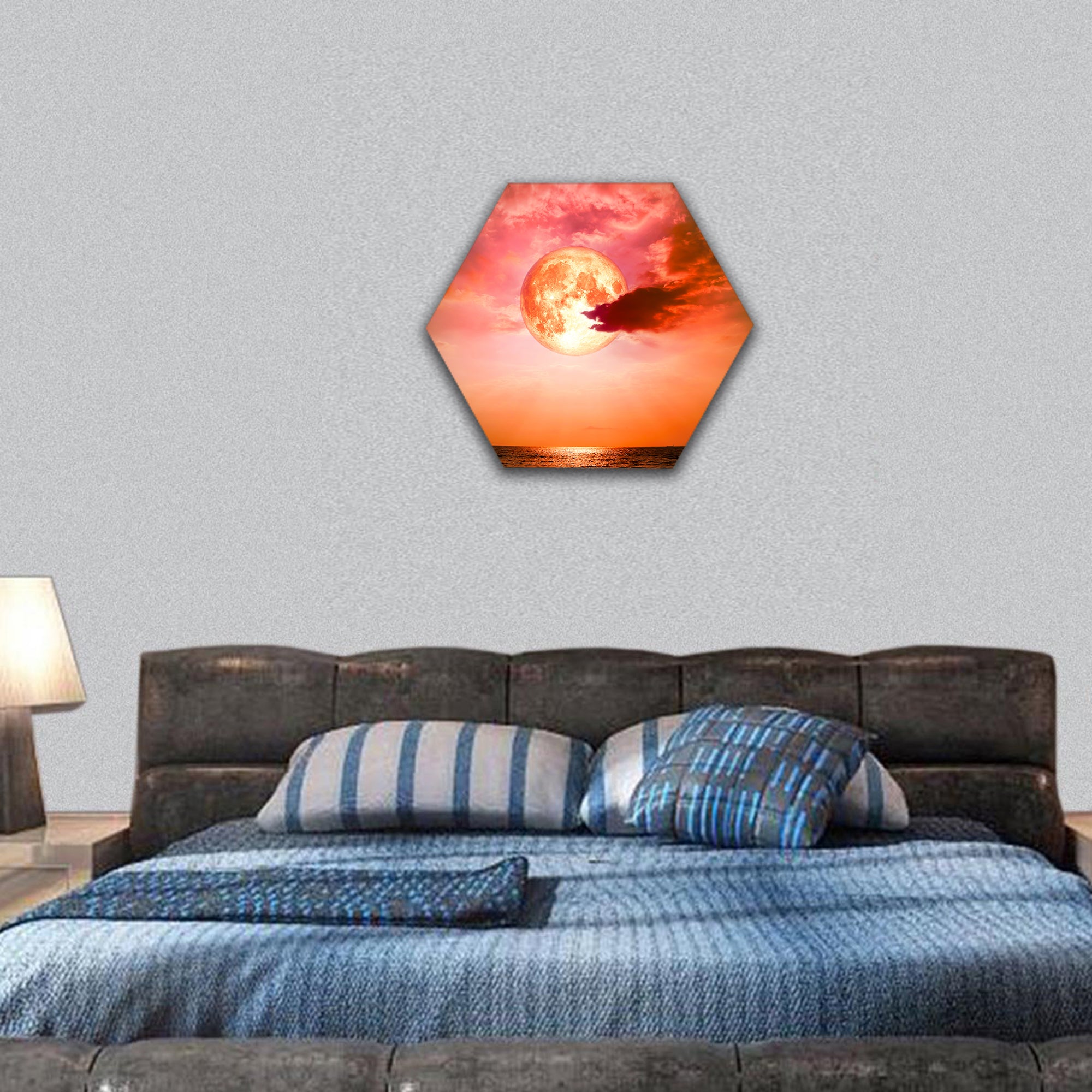 Full blood moon back silhouette hexagonal canvas wall art
