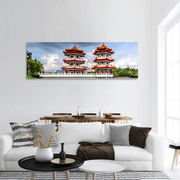 Chinese Garden Twin Pagoda of Singapore with reflection Panoramic canvas Wall Art