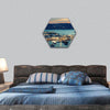 Mykonos bay viewed from above at sunset, Greece hexagonal canvas wall art