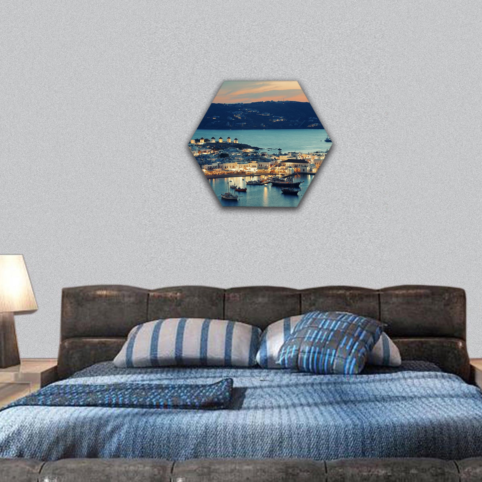 Mykonos bay viewed from above at sunset, Greece hexagonal canvas wall art