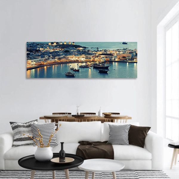 Mykonos bay viewed from sunset panoramic canvas wall art