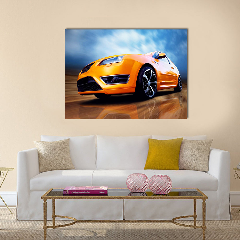 Beautiful orange sport car on road Multi panel canvas wall art