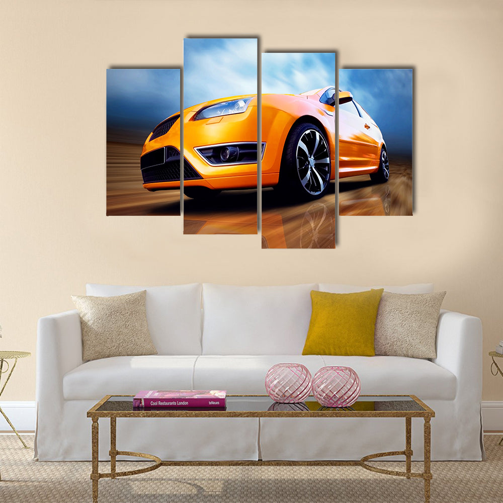 Beautiful orange sport car on road Multi panel canvas wall art