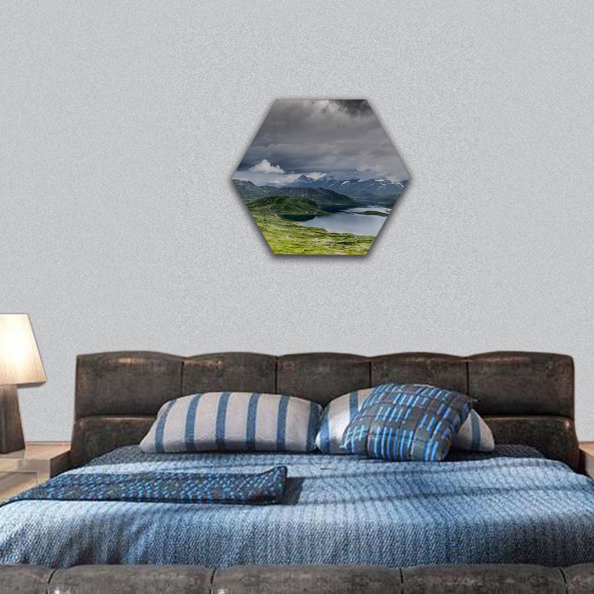 Lakes mountains and sky for hiking, Europe hexagonal canvas wall art