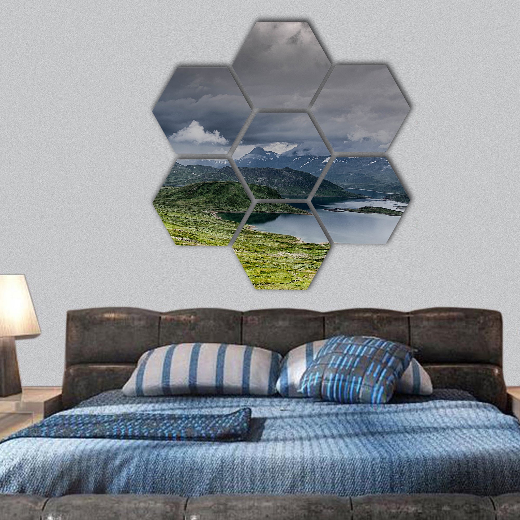 Lakes mountains and sky for hiking, Europe hexagonal canvas wall art