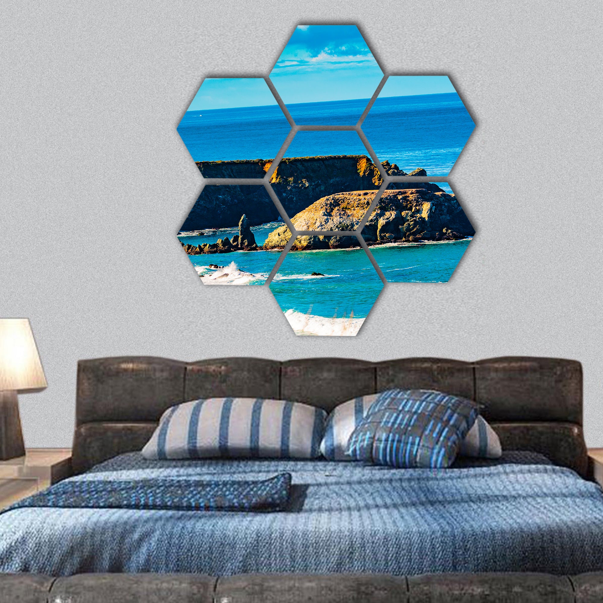 Morning mist rises in Pacific Valley with California Coast hexagonal canvas wall art