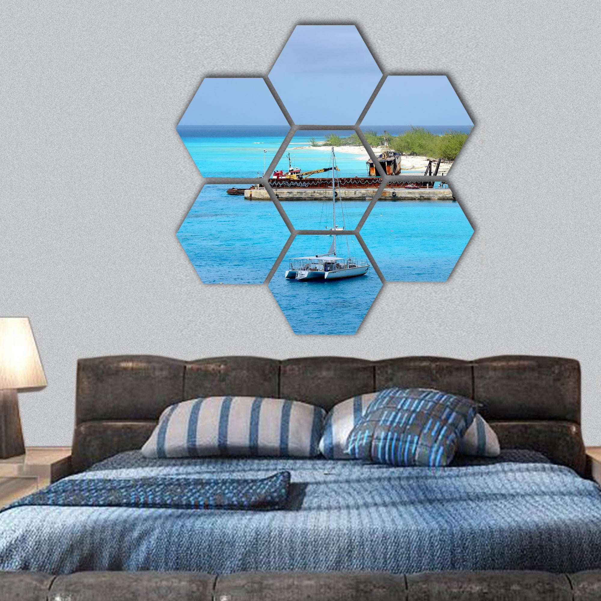 Vessels moored off shore of Grand Turk hexagonal canvas wall art
