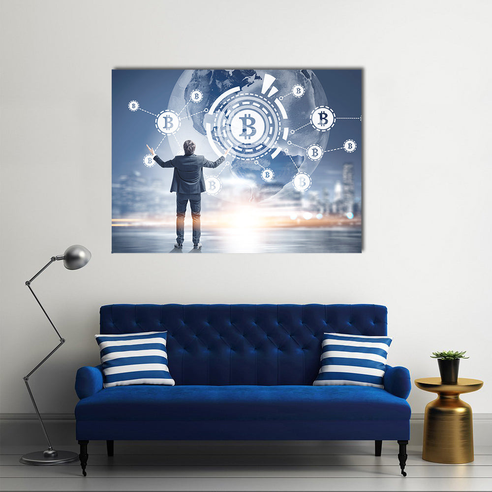 Businessman with hands in the air against a Bitcoin virtual interface hologram multi panel canvas wall art