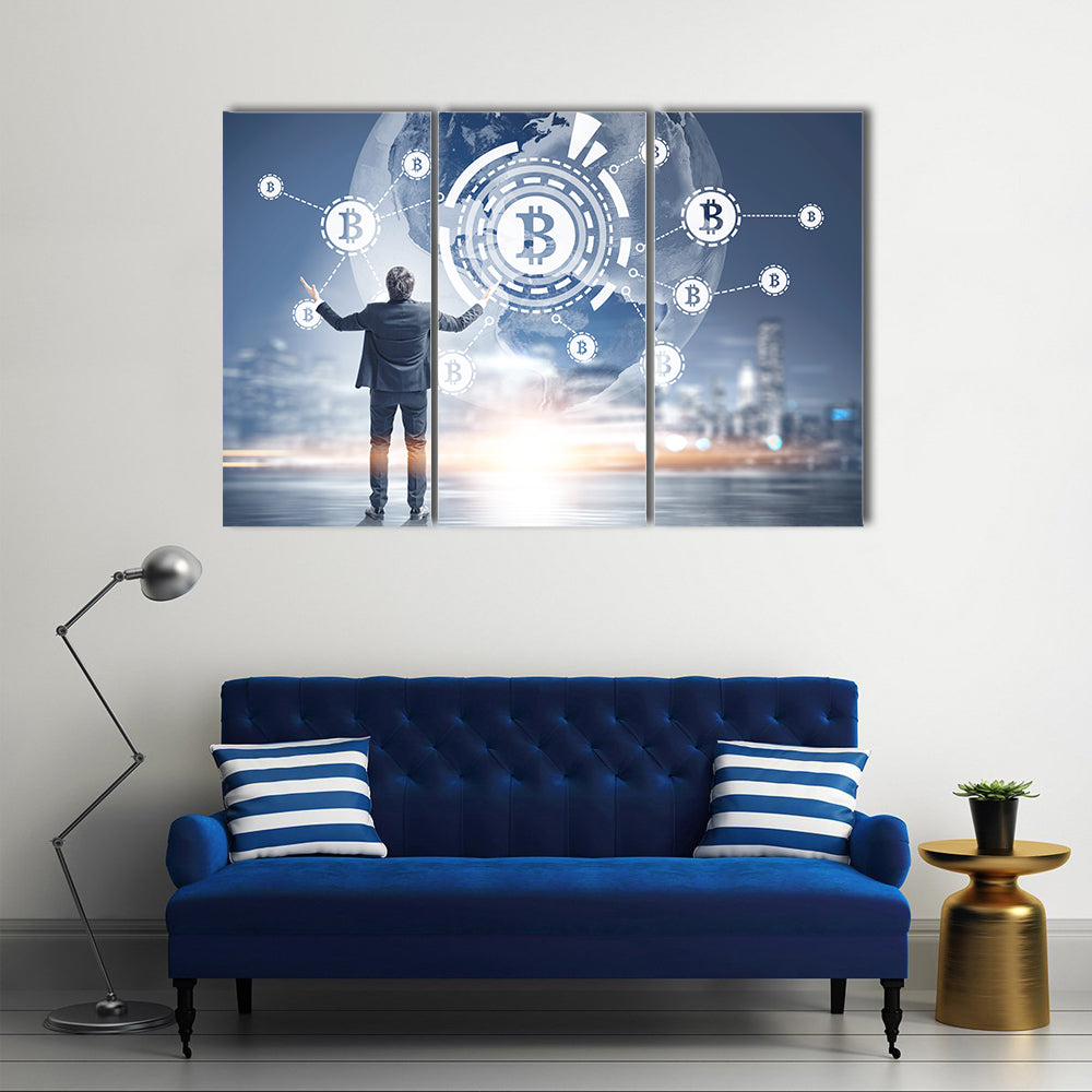Businessman with hands in the air against a Bitcoin virtual interface hologram multi panel canvas wall art