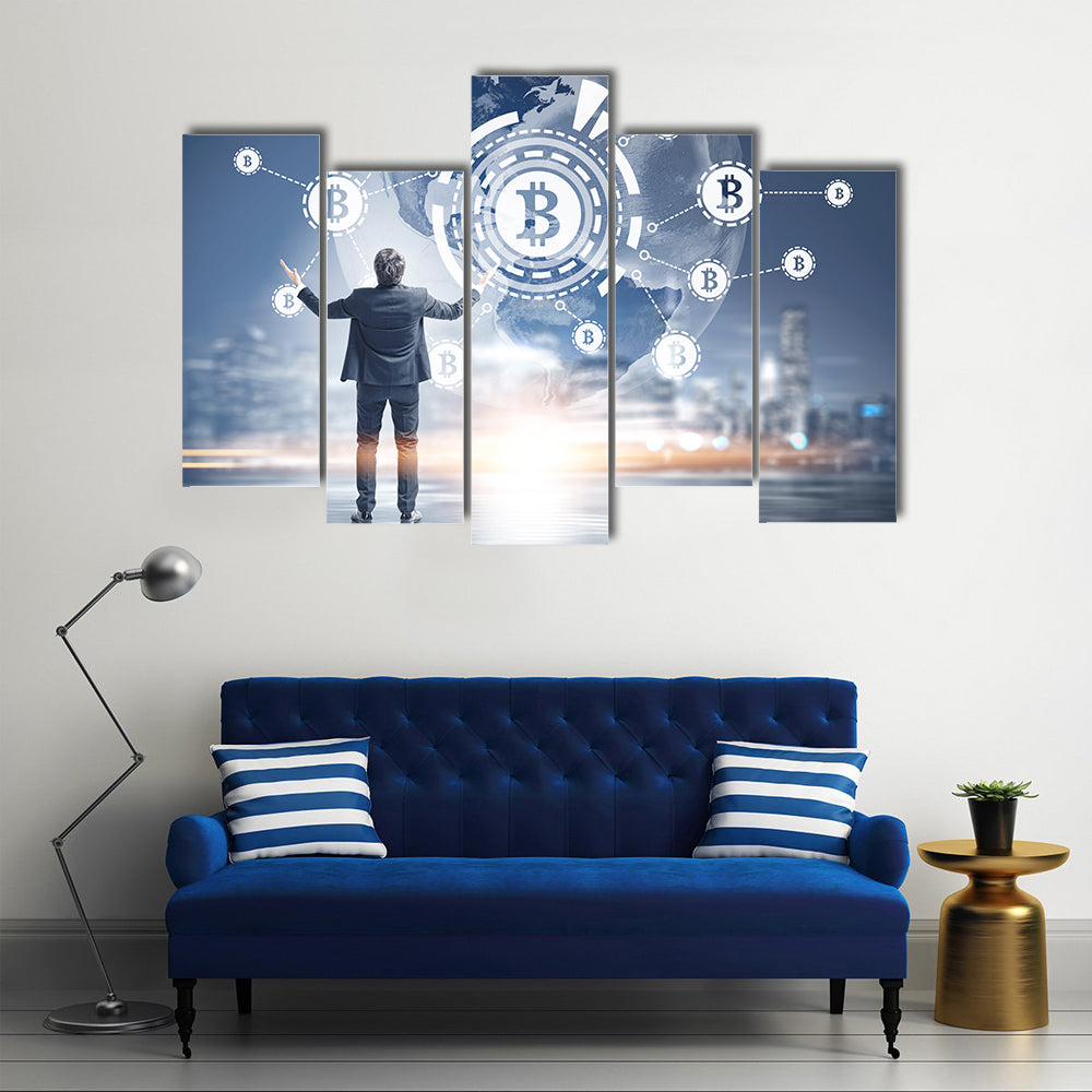 Businessman with hands in the air against a Bitcoin virtual interface hologram multi panel canvas wall art