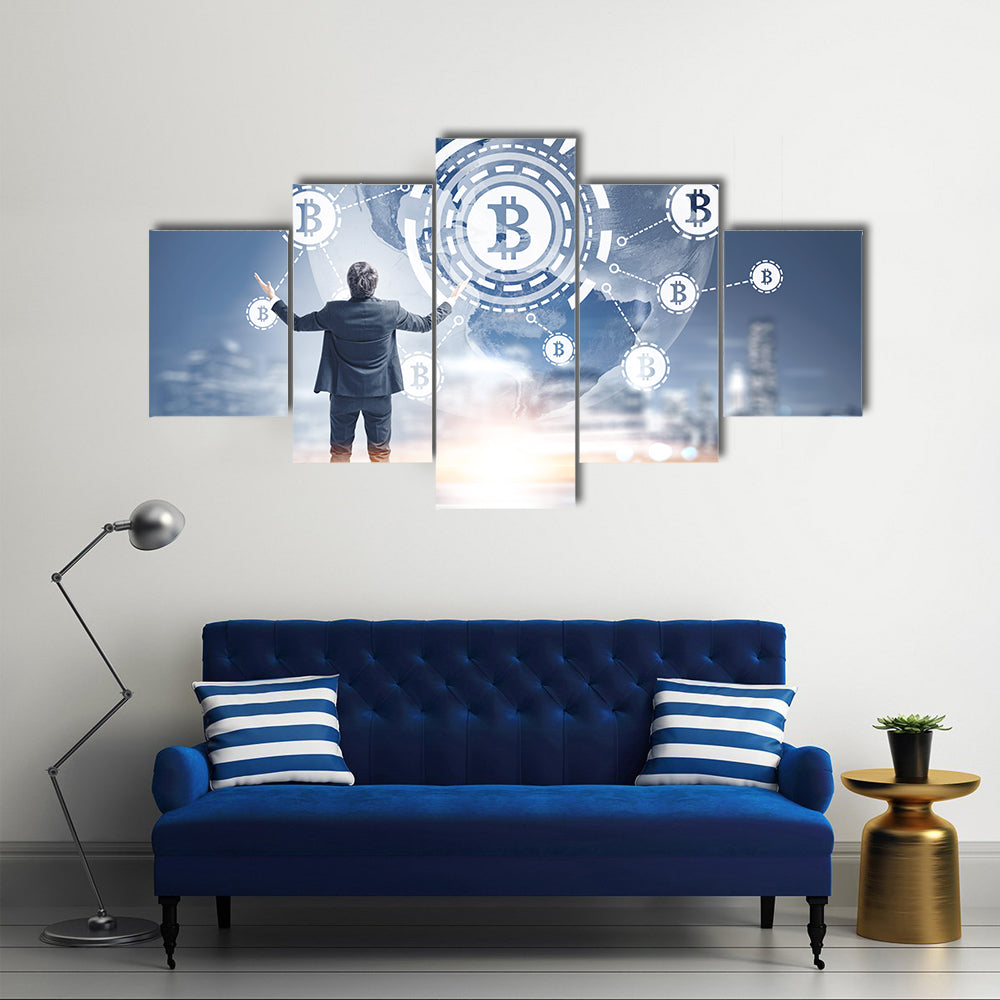 Businessman with hands in the air against a Bitcoin virtual interface hologram multi panel canvas wall art