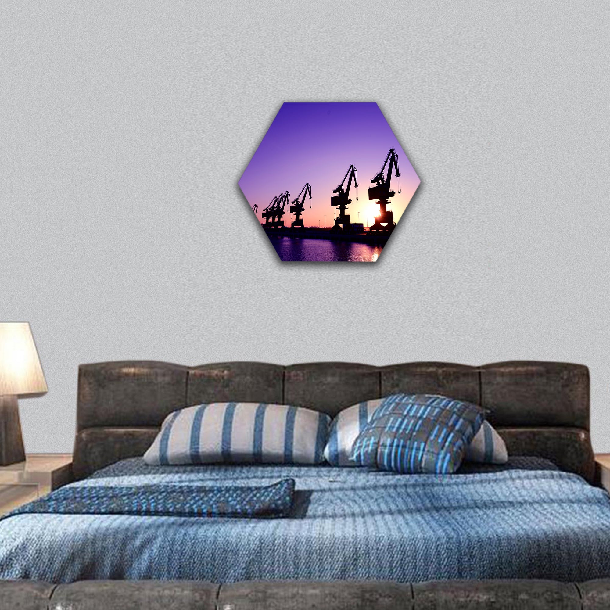 Gantry crane in the port hexagonal canvas wall art