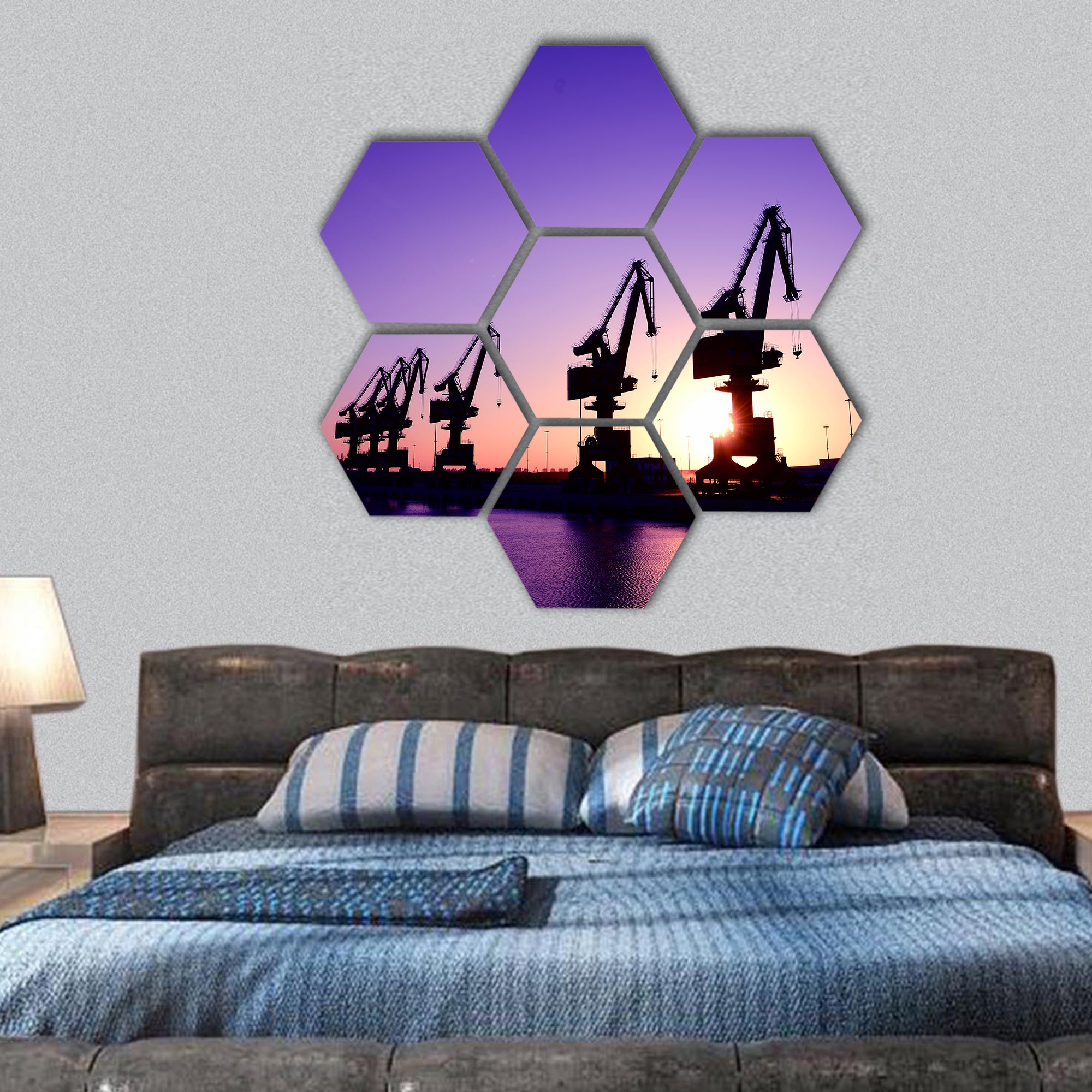 Gantry crane in the port hexagonal canvas wall art