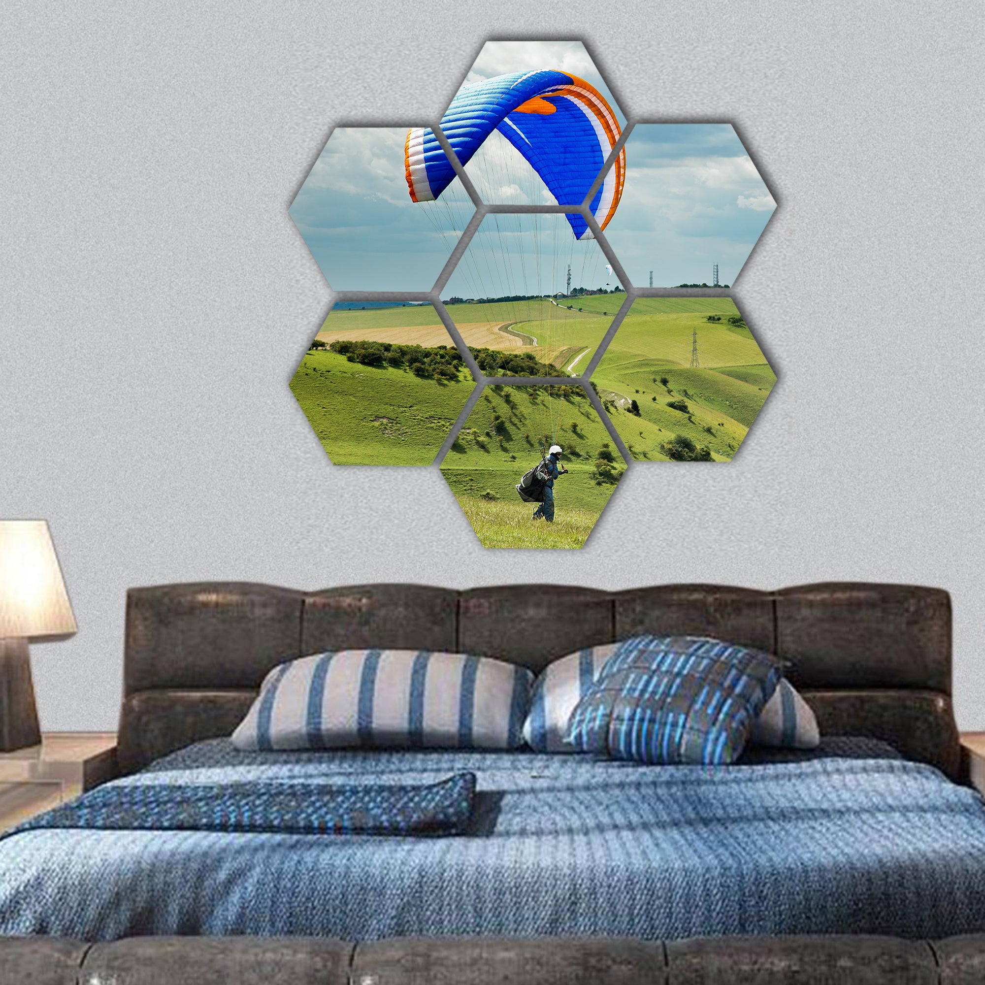 Paragliding at Devil's Dyke hexagonal canvas wall art