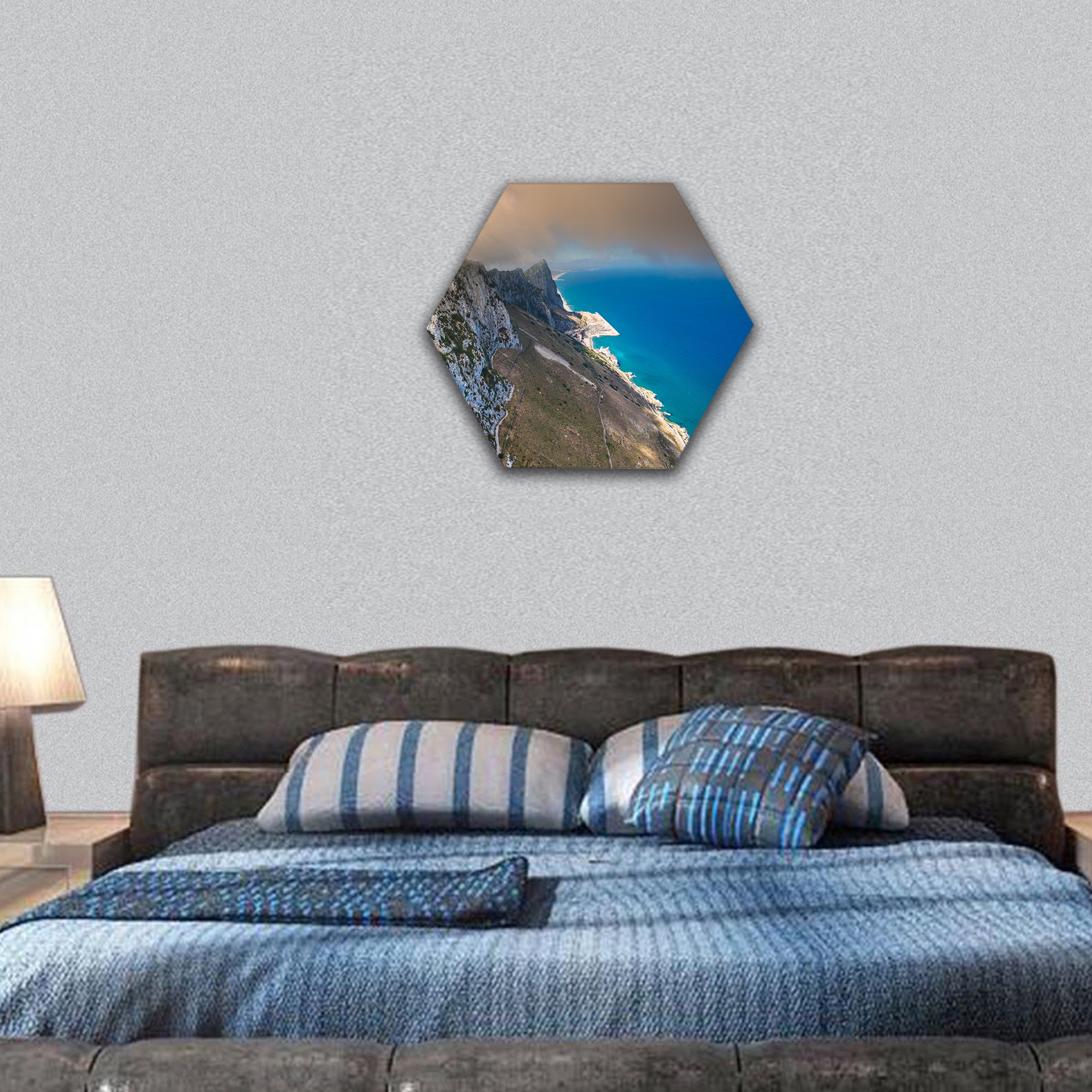 View of the Gibraltar rock from the Upper Rock hexagonal canvas wall art