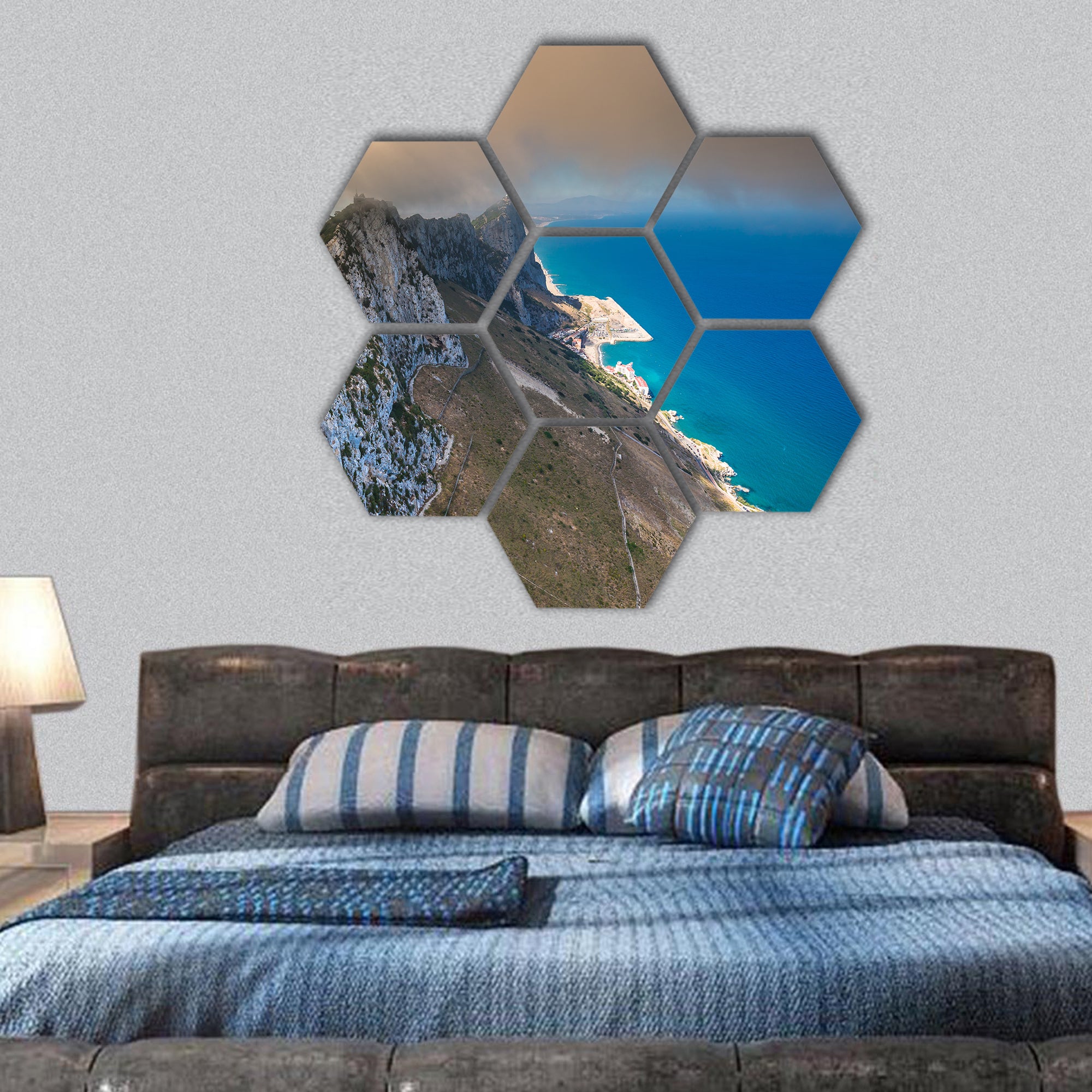 View of the Gibraltar rock from the Upper Rock hexagonal canvas wall art