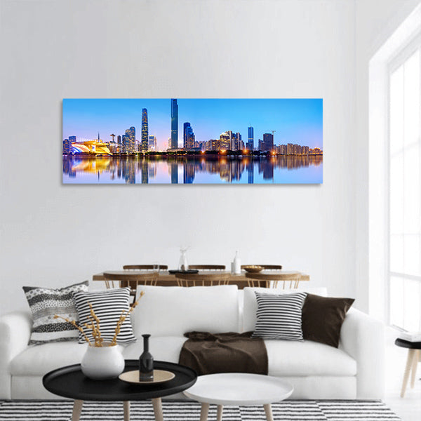 Modern urban night view panoramic canvas wall art.