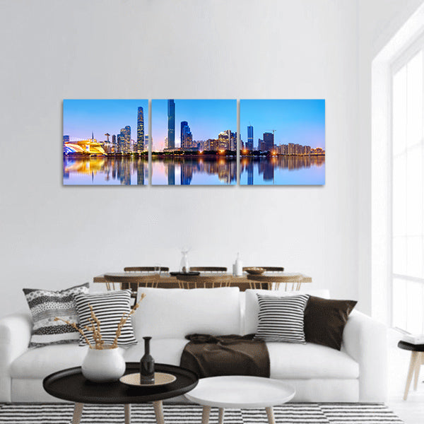 Modern urban night view panoramic canvas wall art.