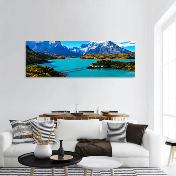 Mountain Near On Bridge panoramic canvas wall art.