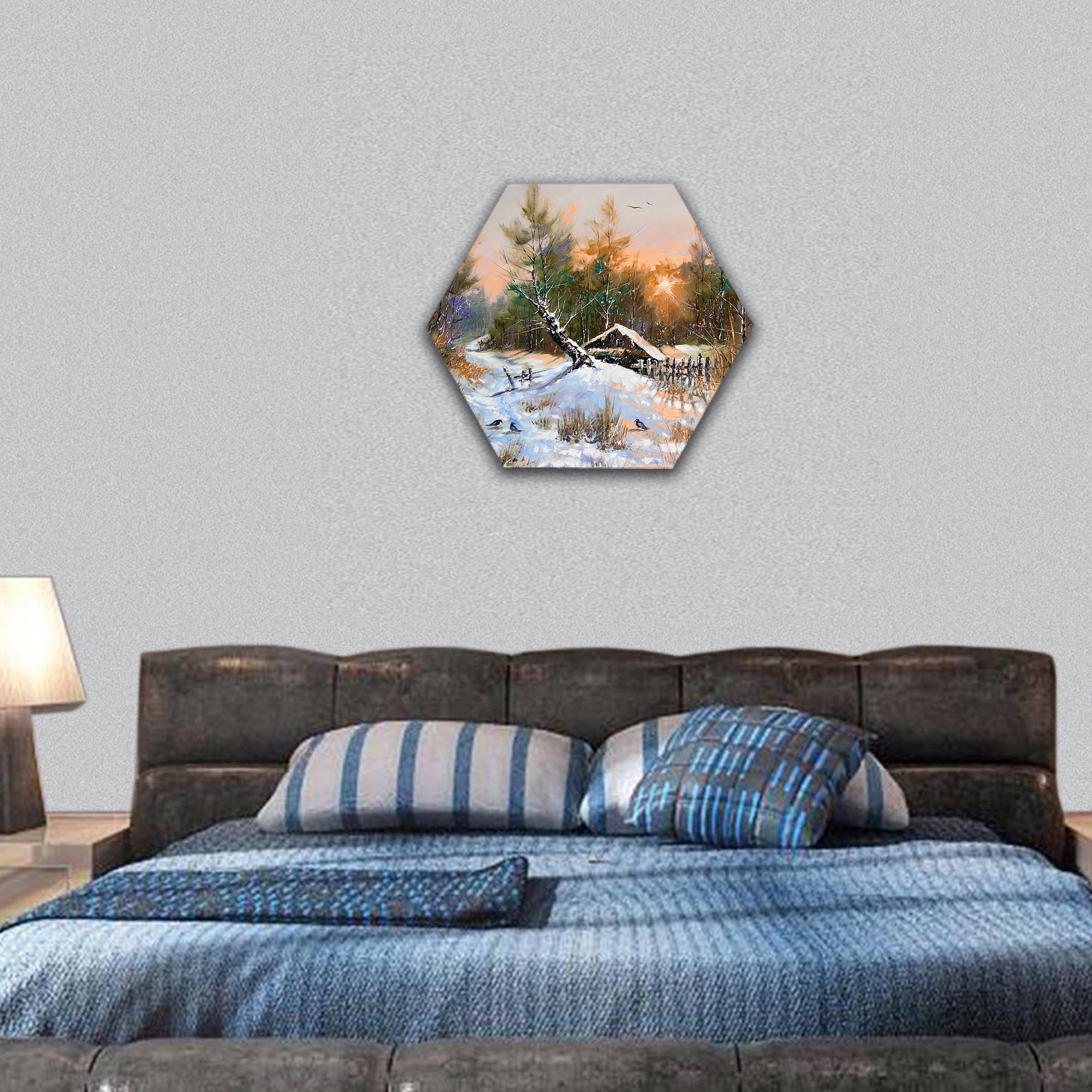 Rural winter landscape hexagonal canvas wall art
