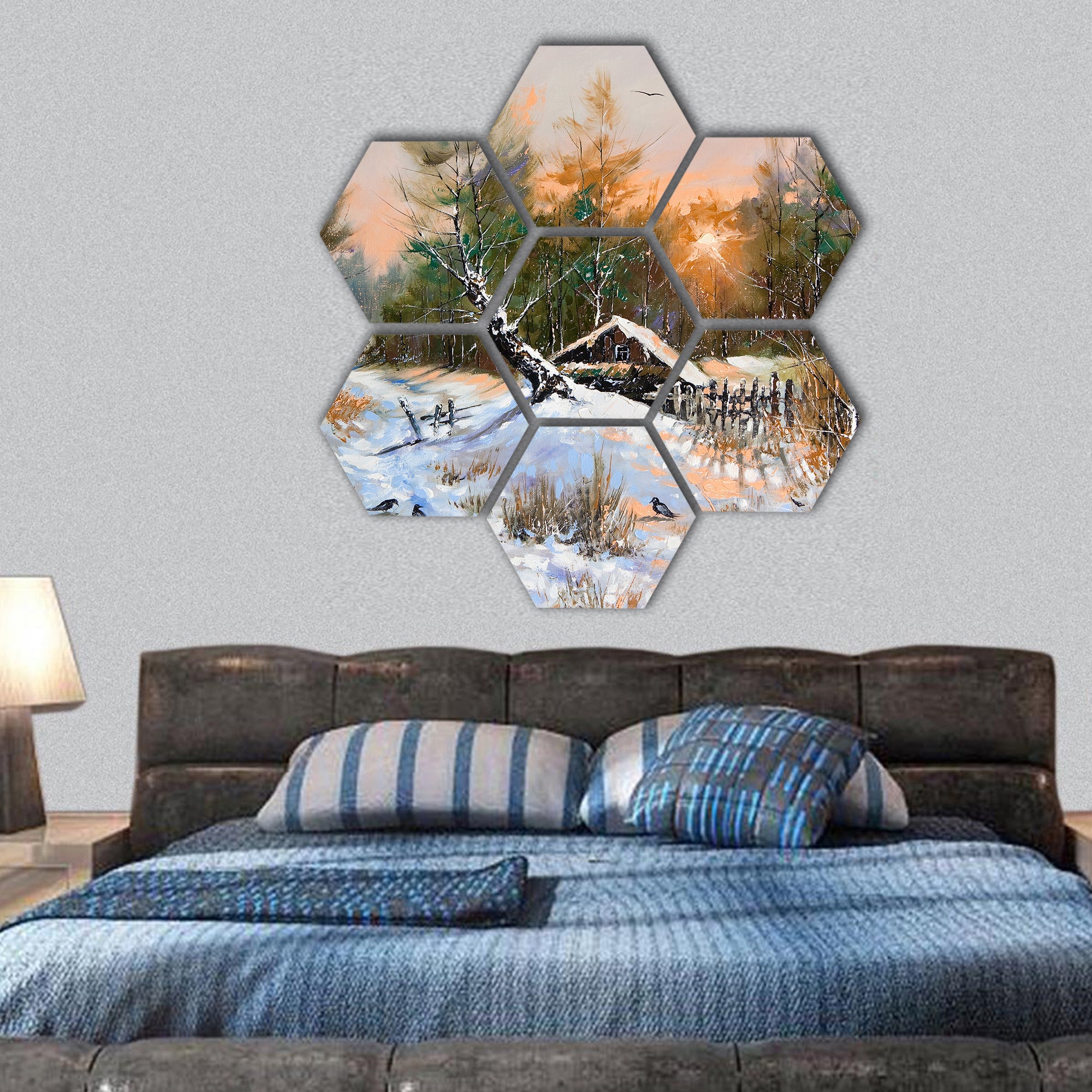 Rural winter landscape hexagonal canvas wall art