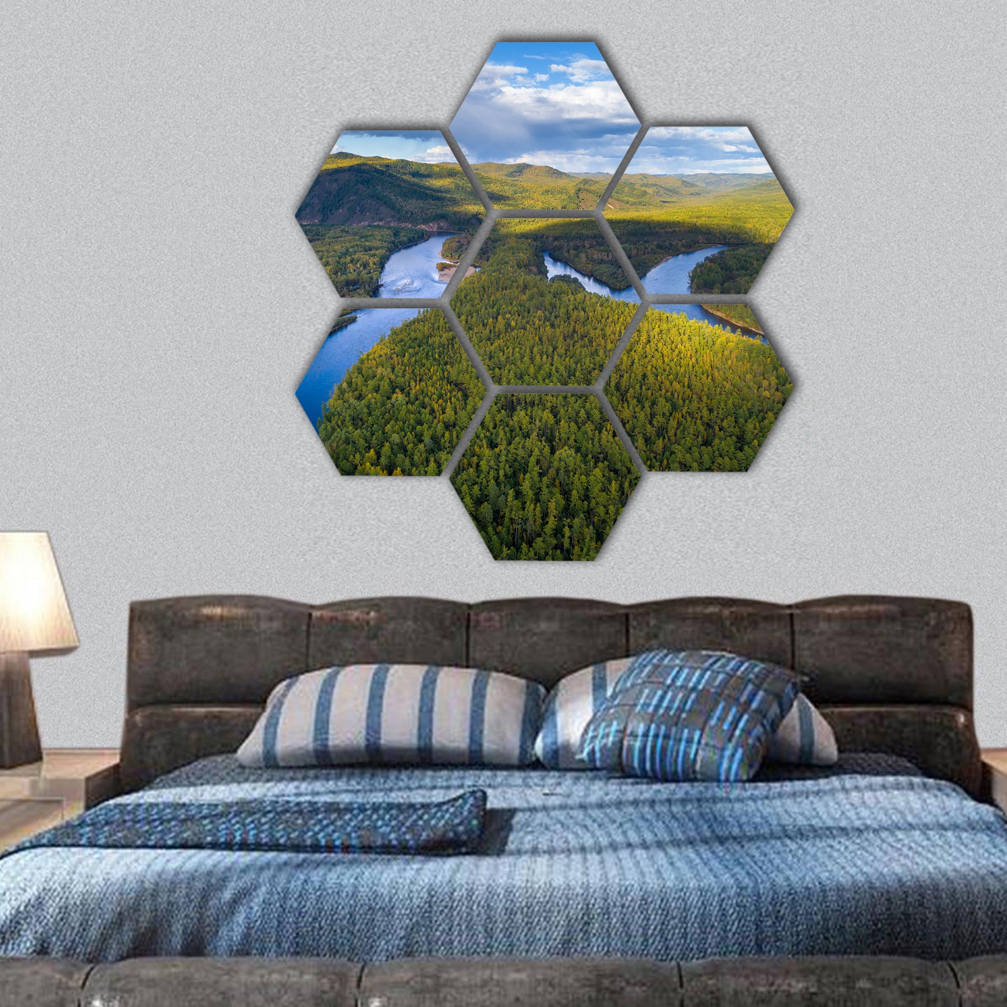 Autumn mountains and small river with forests hexagonal canvas wall art