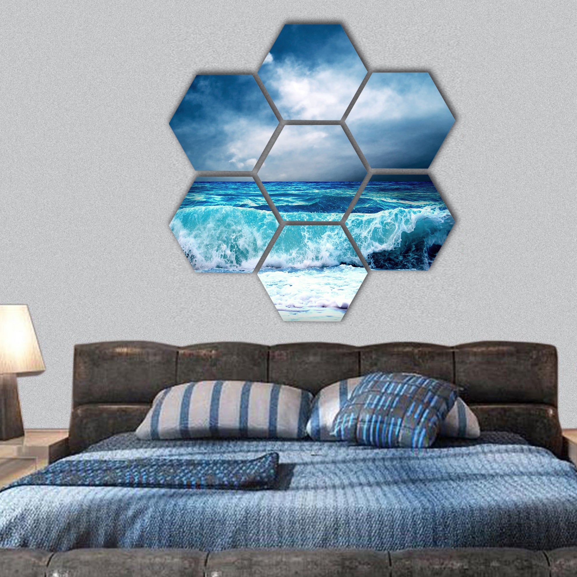 View of storm seascape hexagonal canvas wall art