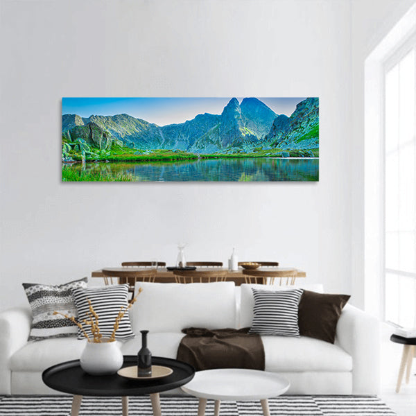 Beautiful lake with mountain panoramic canvas wall art.