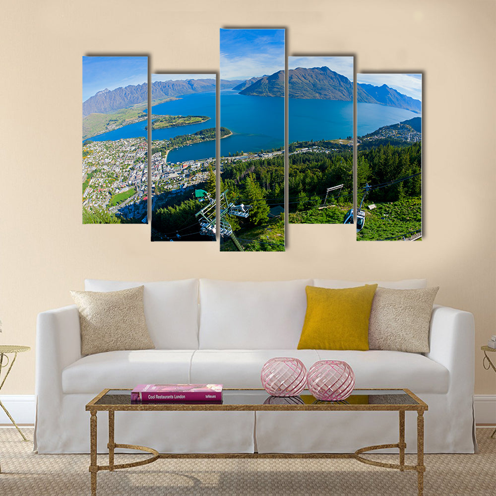 The Queens town And Lake Wakatipu In New Zealand Multi Panel Canvas Wall Art