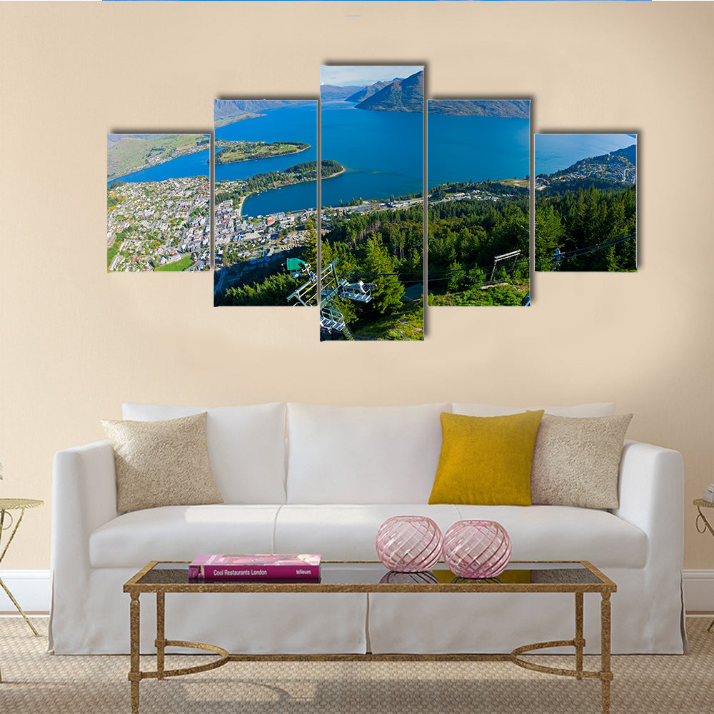 The Queens town And Lake Wakatipu In New Zealand Multi Panel Canvas Wall Art