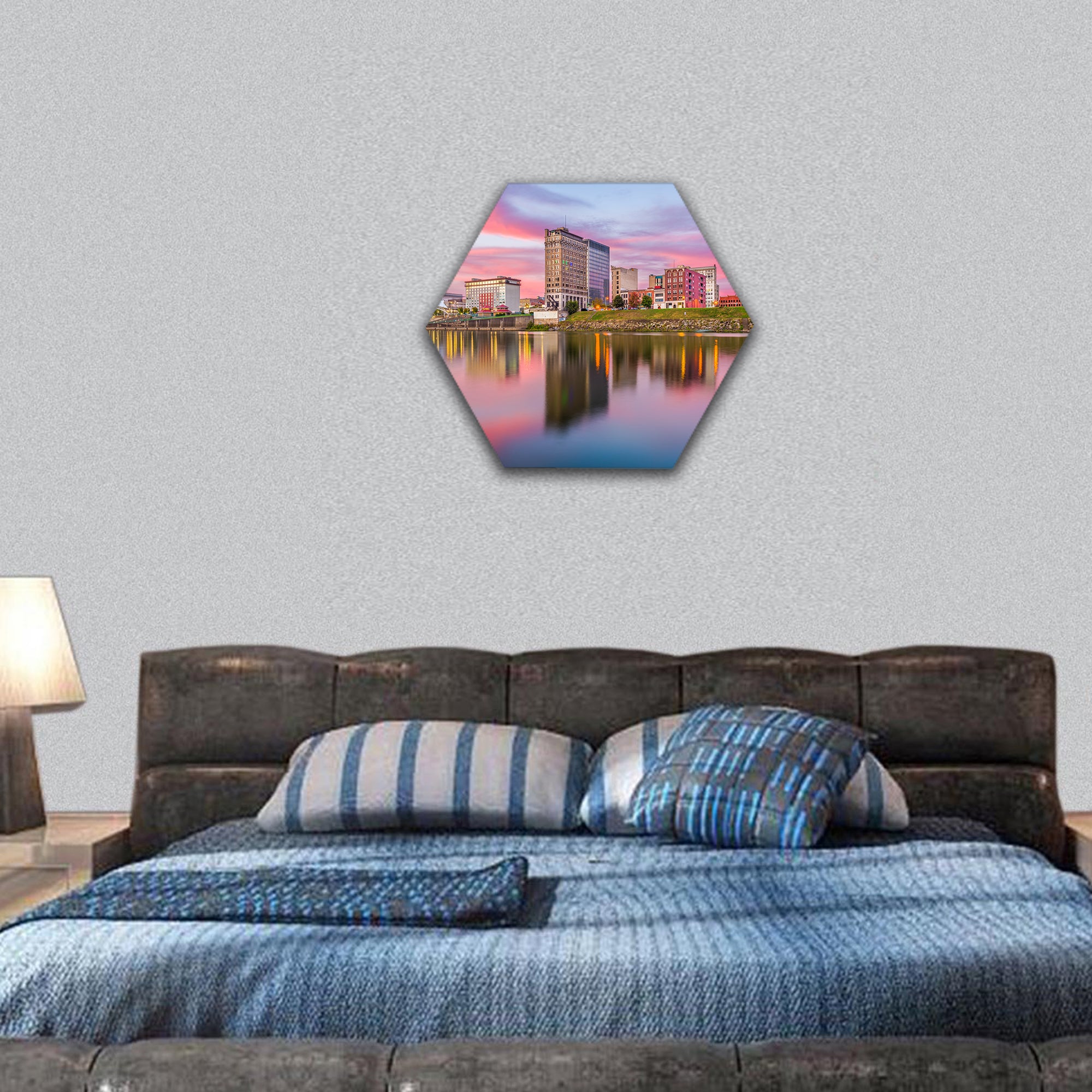 USA downtown skyline on the river at dusk hexagonal canvas wall art