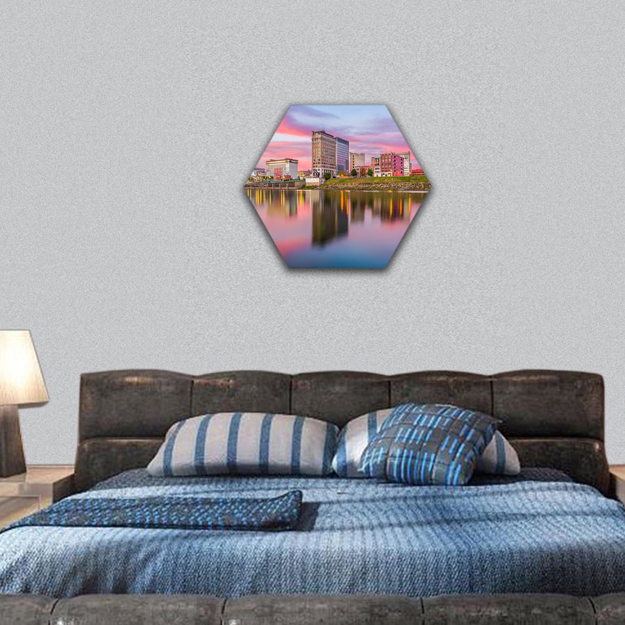 USA downtown skyline on the river at dusk hexagonal canvas wall art