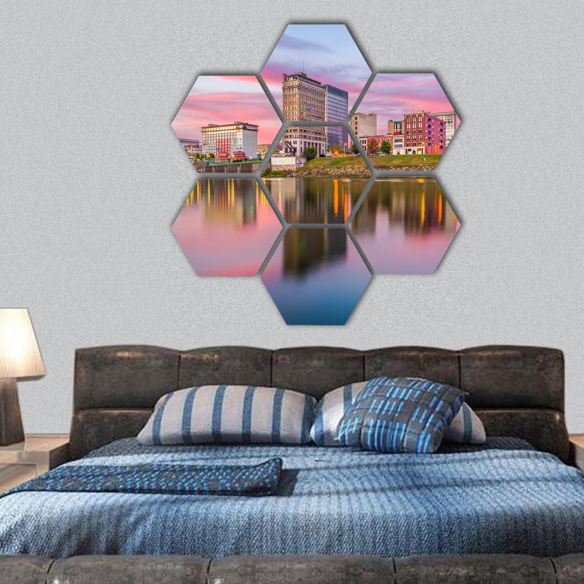 USA downtown skyline on the river at dusk hexagonal canvas wall art