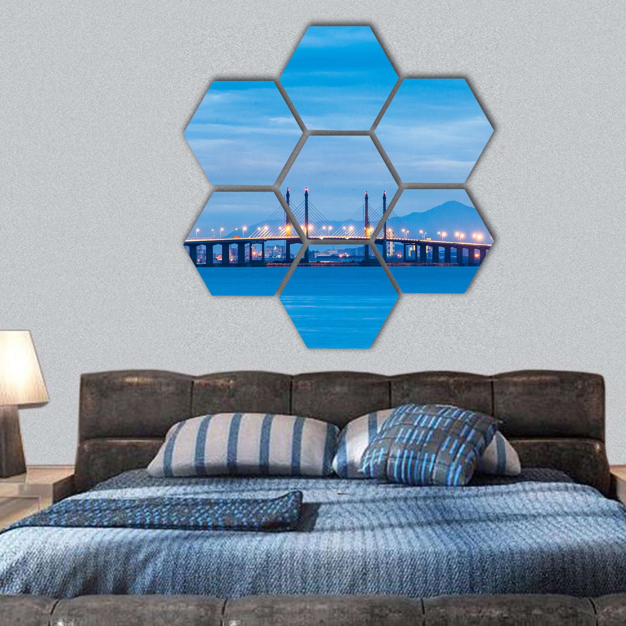 Bridge from the shore of George Town, Malaysia hexagonal canvas wall art