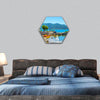 The boats on the coast of Kalekoy with ancient ruins hexagonal canvas wall art