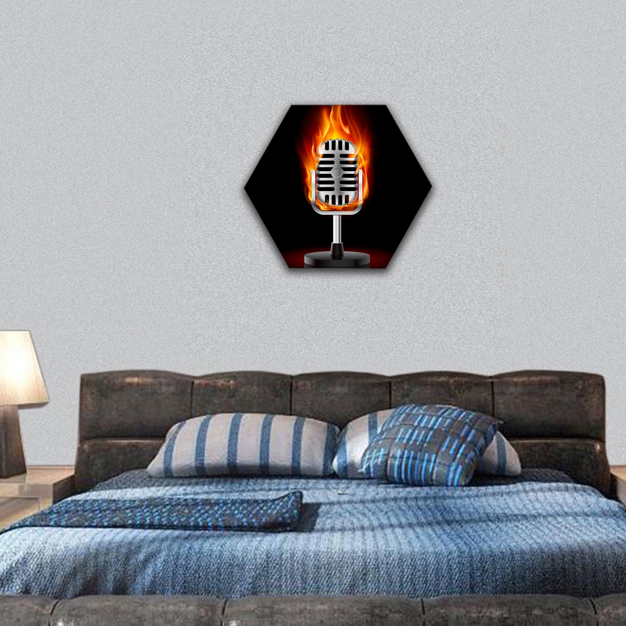 Old Microphone in Fire hexagonal canvas wall art