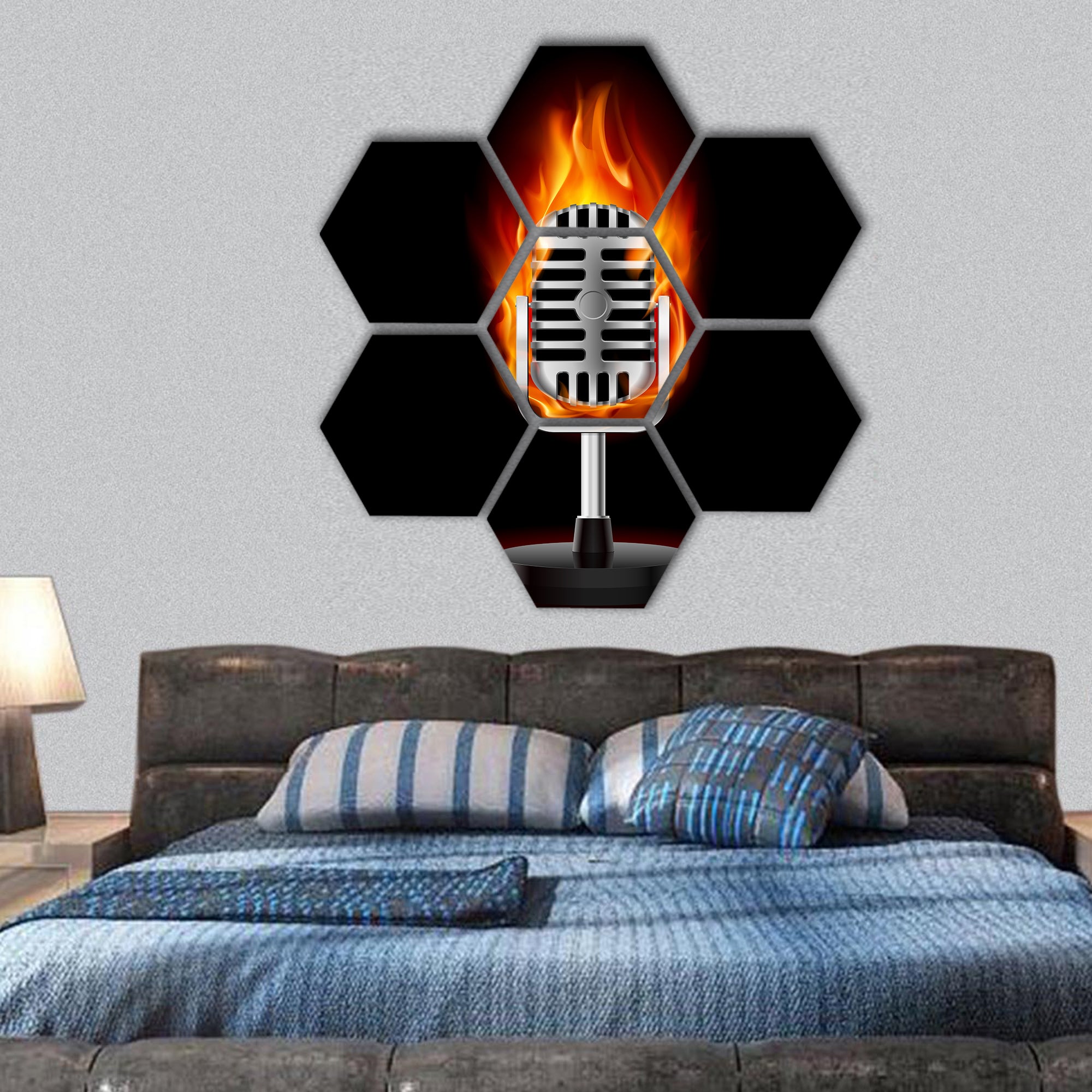 Old Microphone in Fire hexagonal canvas wall art