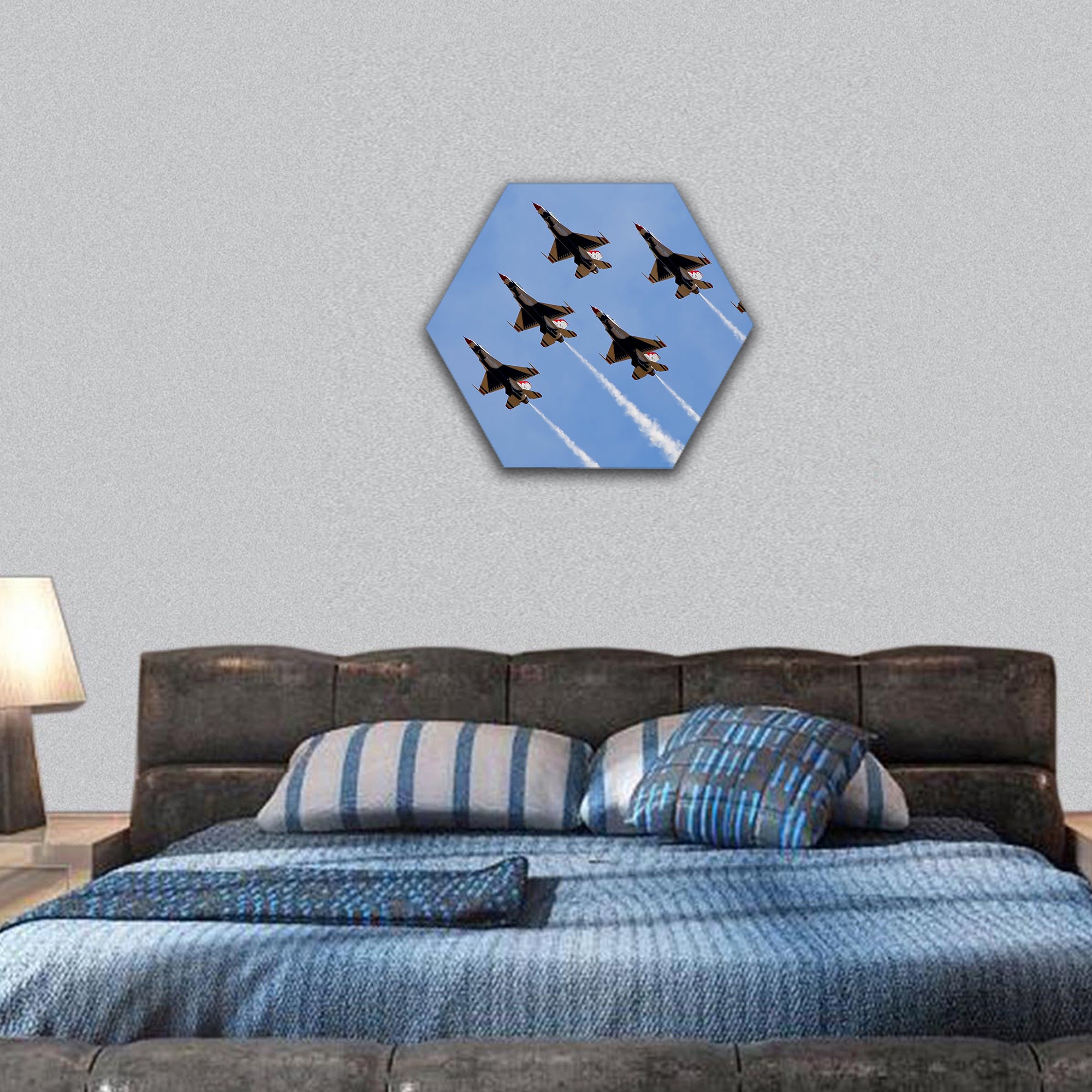 army jets flying at airshow in Sacramento California hexagonal canvas wall art