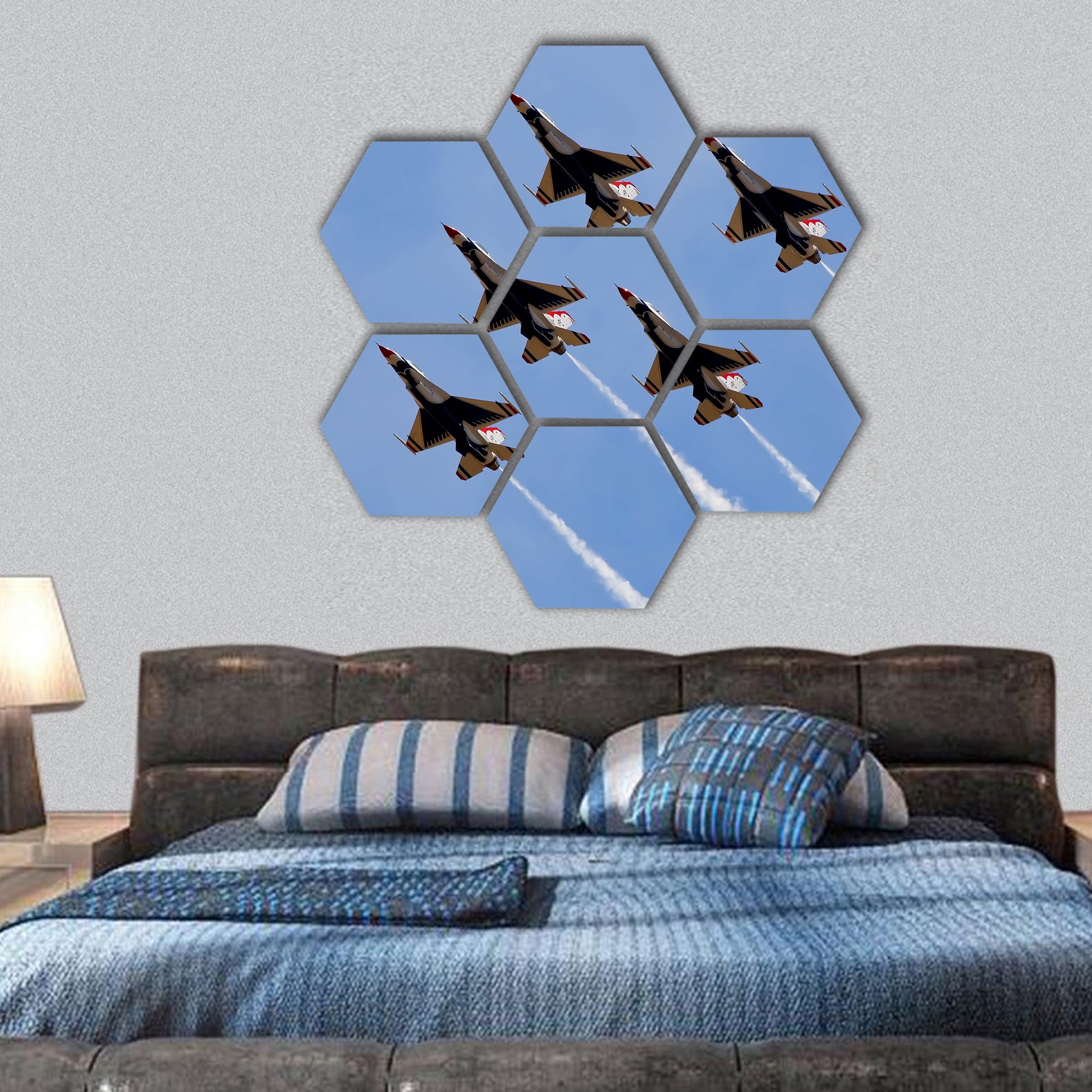 army jets flying at airshow in Sacramento California hexagonal canvas wall art