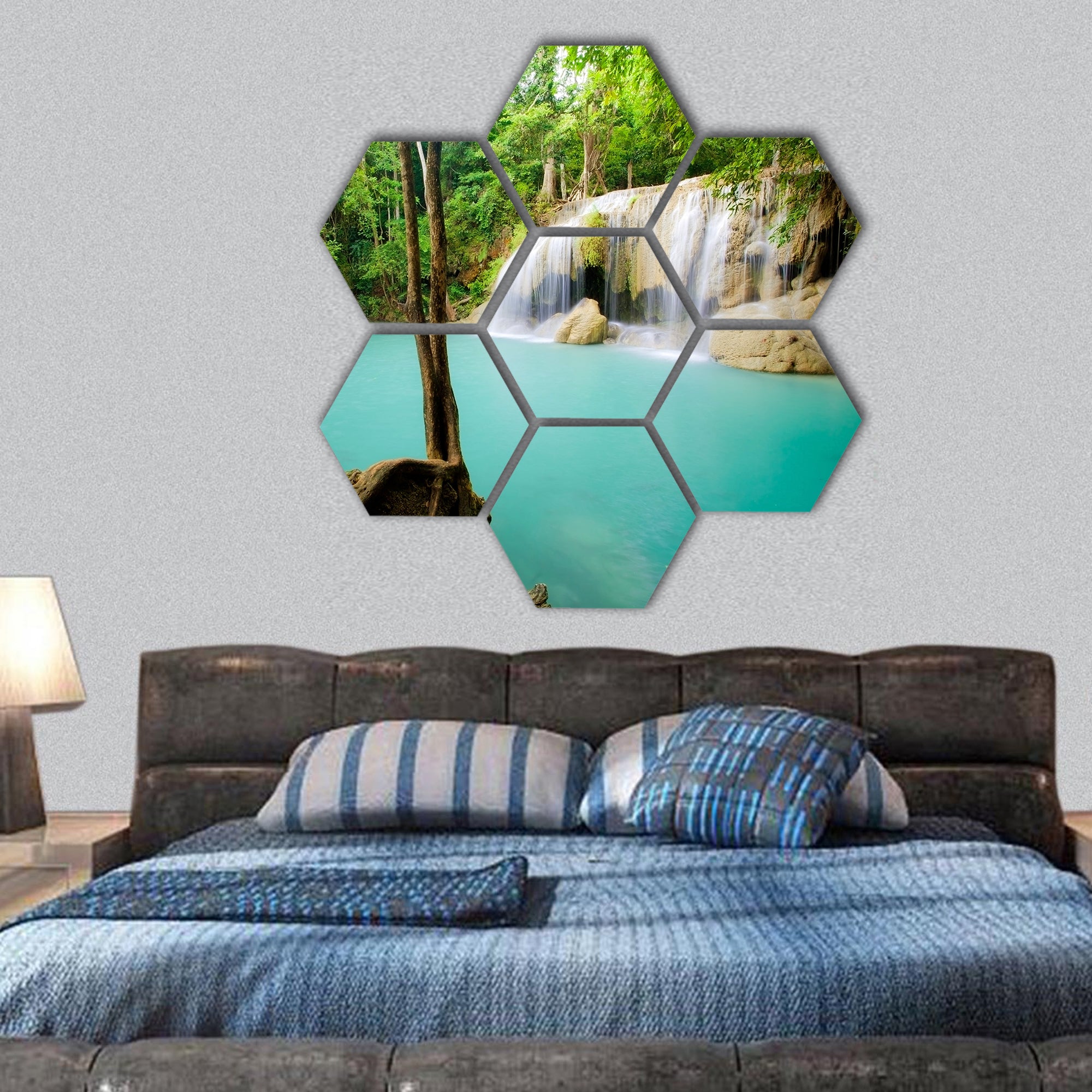 Deep forest Waterfall in Thailand hexagonal canvas wall art